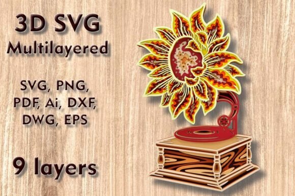 Sunflower Gramophone 3D SVG Multilayered